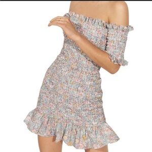Petersyn from revolve  Smocked Off THE Shoulder Sleeves Floral Mini Dress Size L